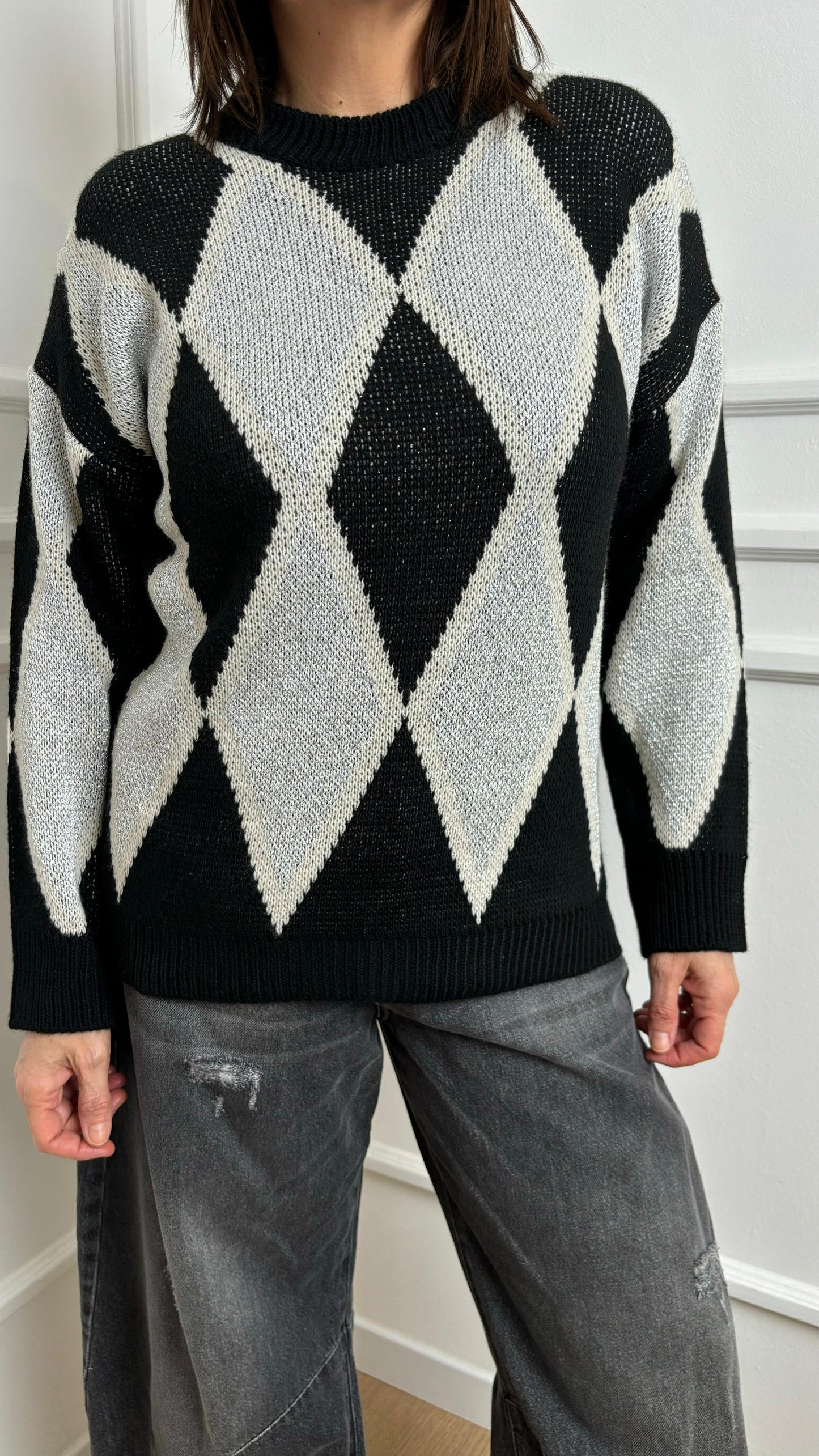 Maglia girocollo lungo rombi Susy Mix nero
