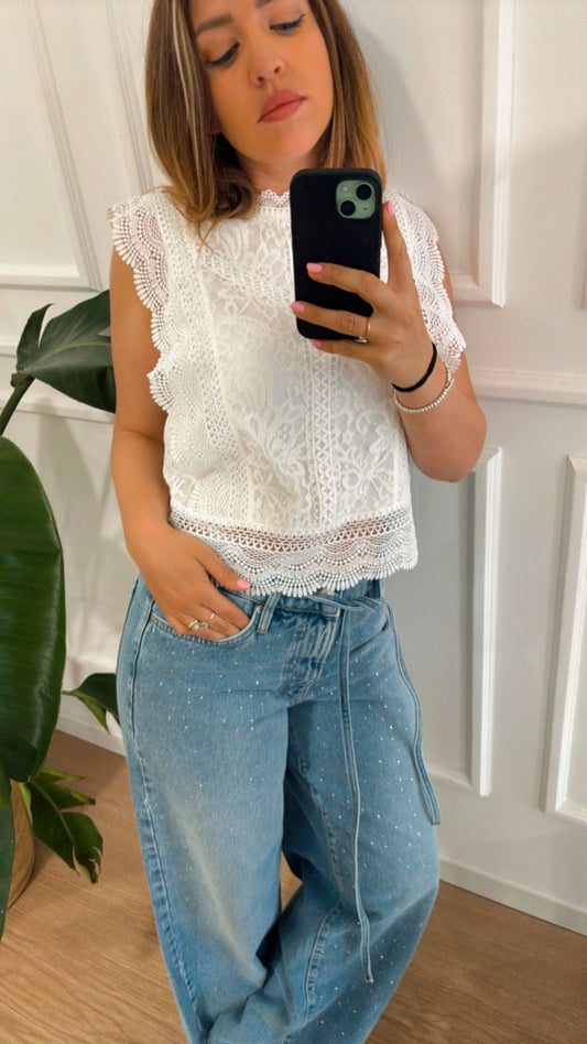 Top Karol in pizzo Only 83914 bianca