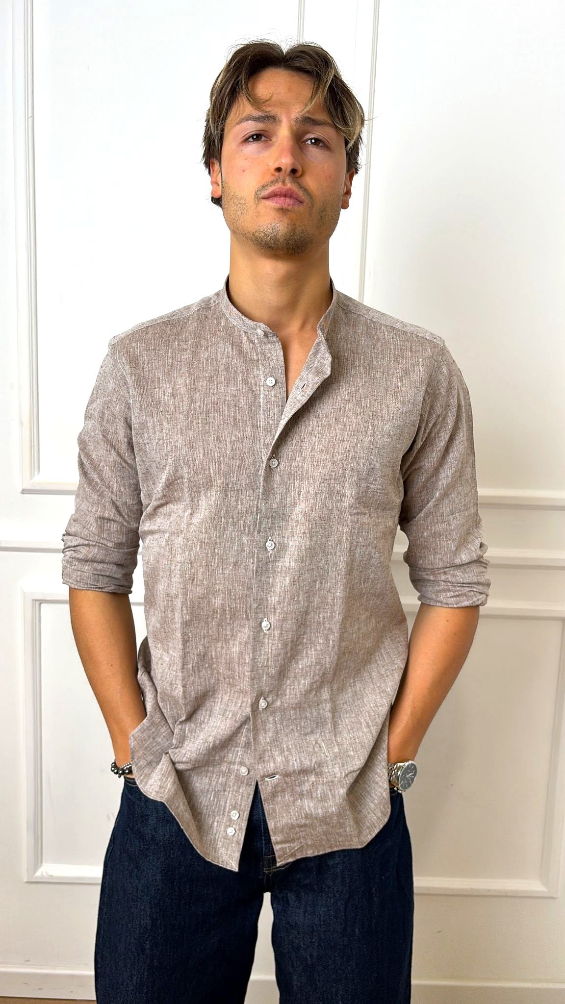 Camicia regular fit puro lino Guru E26 120 Roma Bottega Artigiana