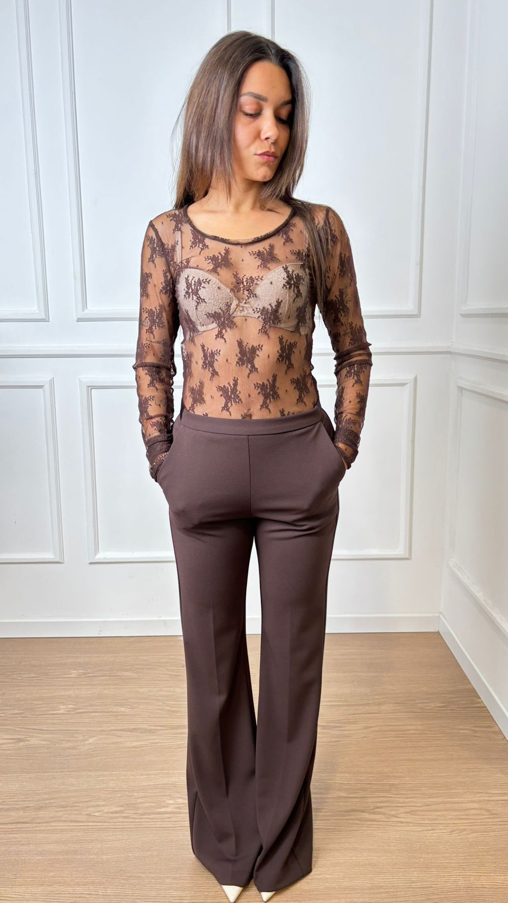 Maglia in pizzo trasparente Imperial TW91KMX Cioccolato